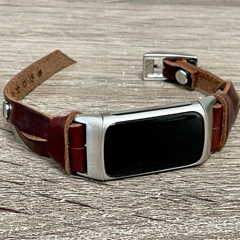 Slim Dark Brown Leather Strap Silver Fitbit Charge 5 Band Women Fashion Bracelet